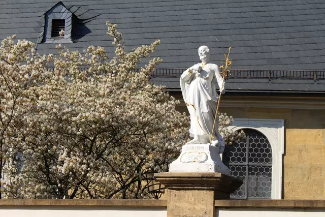 Die Pfarrkirche Maria Himmelfahrt Memmelsdorf im Frühling